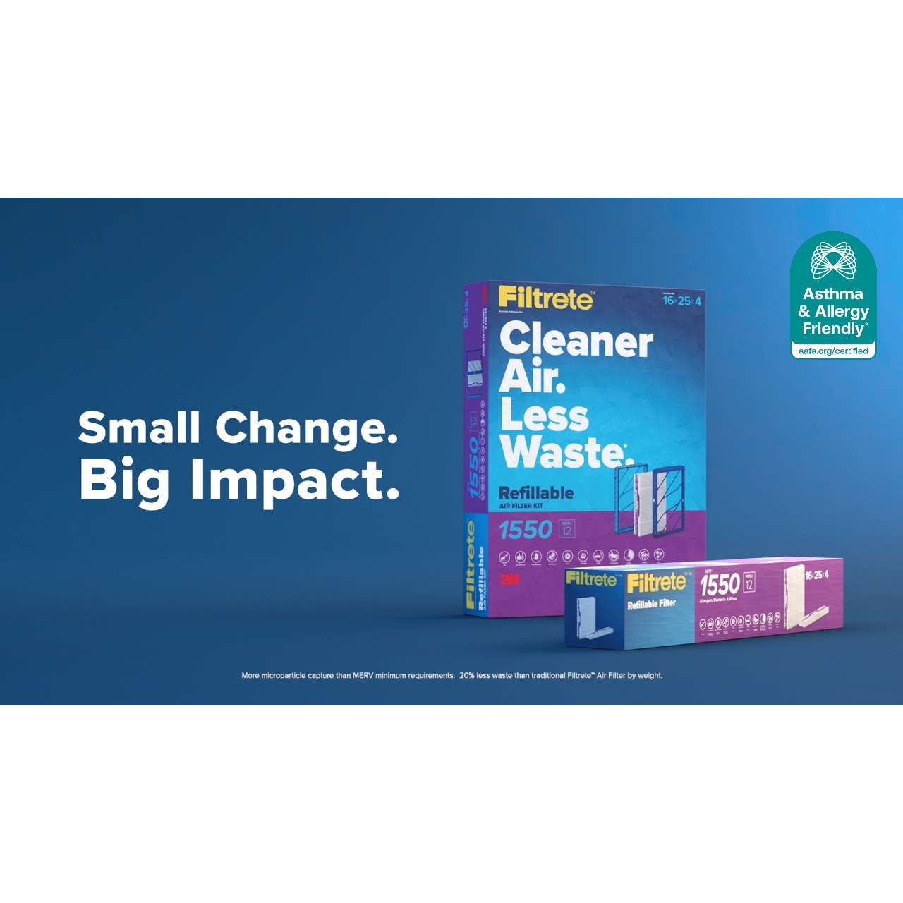 Filtrete™ Refillable Air Filter Kit with Asthma & Allergy Friendly® Certification seal and tagline “Small Change. Big Impact