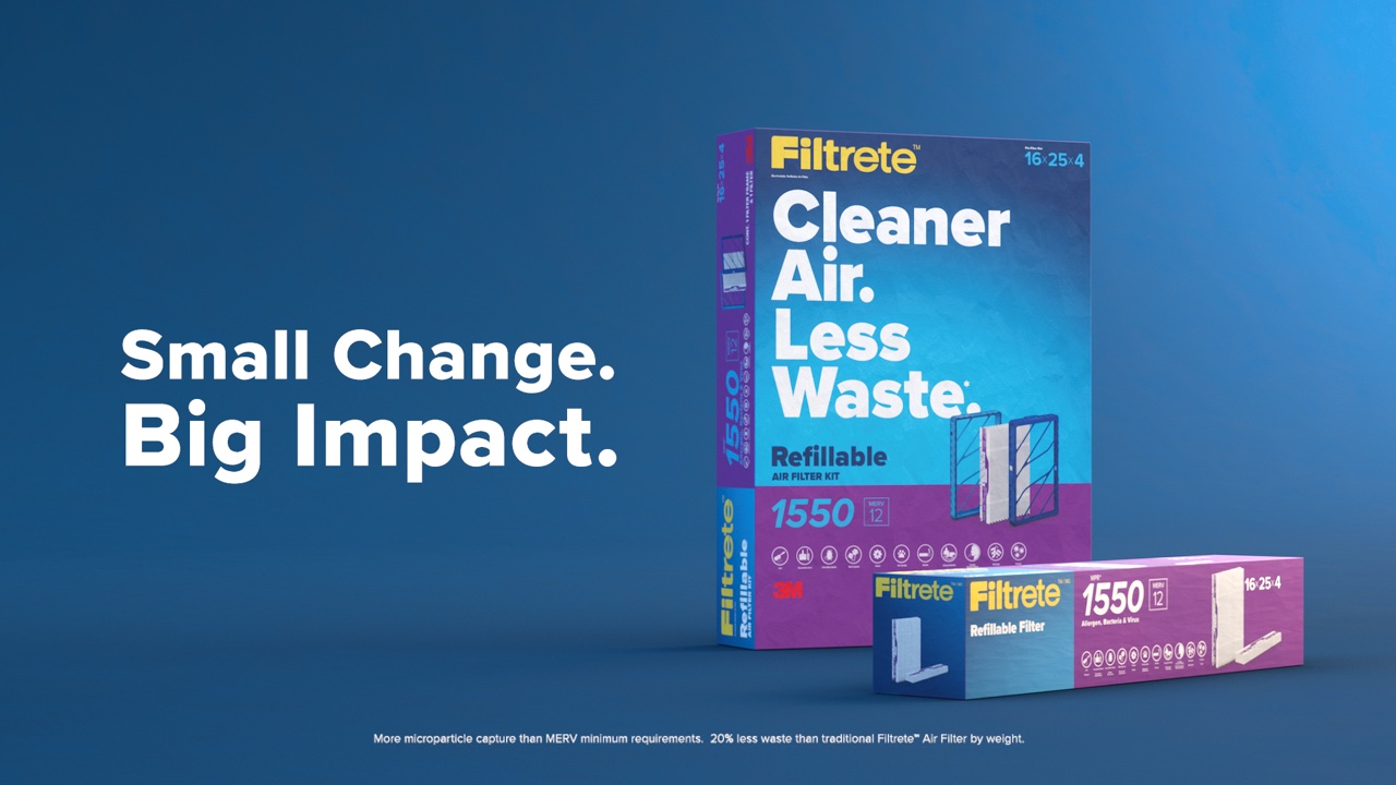 Filtrete™ Refillable Air Filter Kit with Asthma & Allergy Friendly® Certification seal and tagline “Small Change. Big Impact