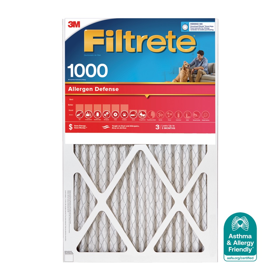 Filtrete™ 1000 Allergen Defense Certified Asthma & Allergy Friendly® Filtrete™ 1000 Allergen Defense Air Filter packaging with Asthma & Allergy Friendly® Certification mark