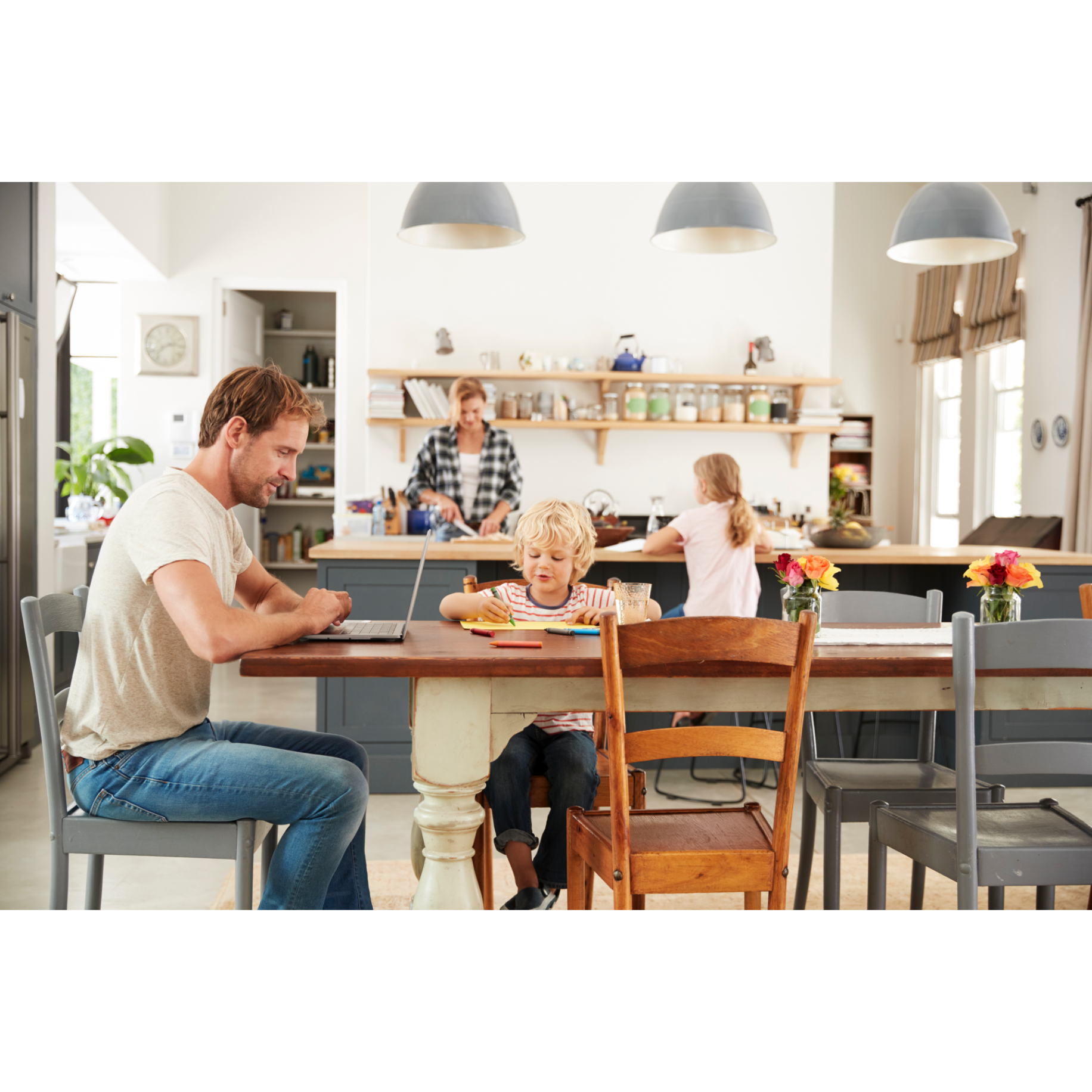 Modern health-focused kitchen design with clean surfaces, natural lighting, and air-quality-conscious materials