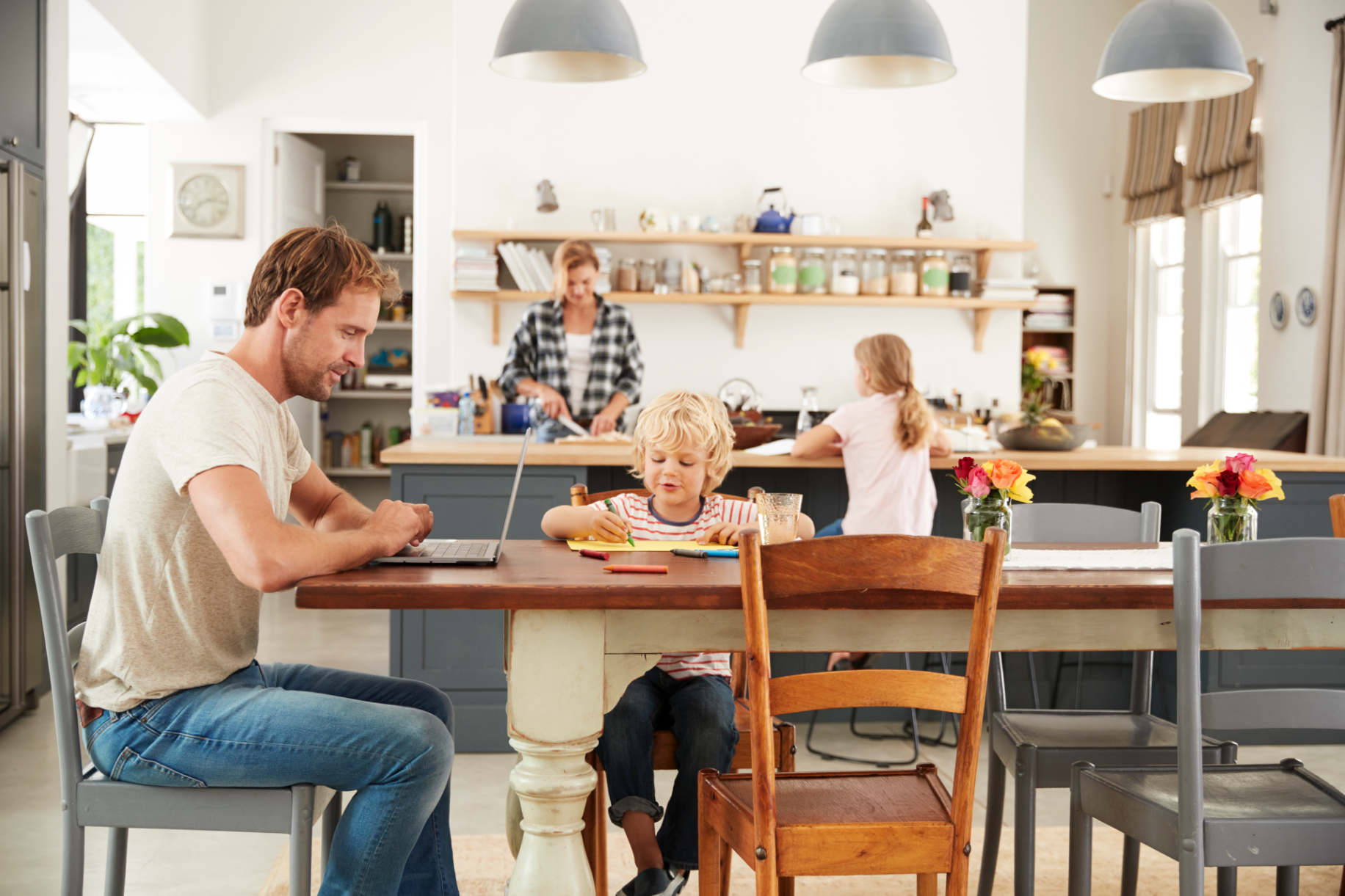 Modern health-focused kitchen with clean surfaces, natural lighting, and air-quality-conscious materials