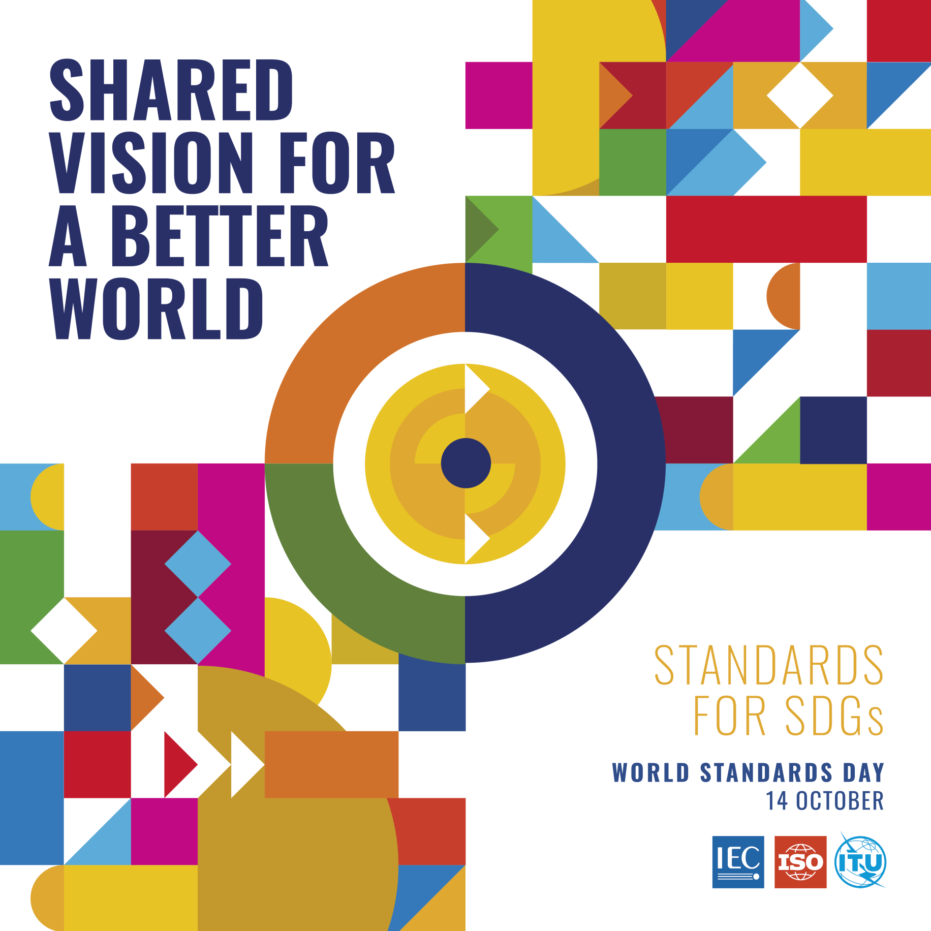 World Standards Day 2025 graphic with geometric shapes in bright colors and text reading “#WorldStandardsDay 14 October 2025.”