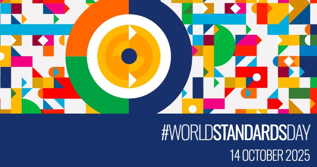 World Standards Day 2025 graphic with geometric shapes in bright colors and text reading “#WorldStandardsDay 14 October 2025.”