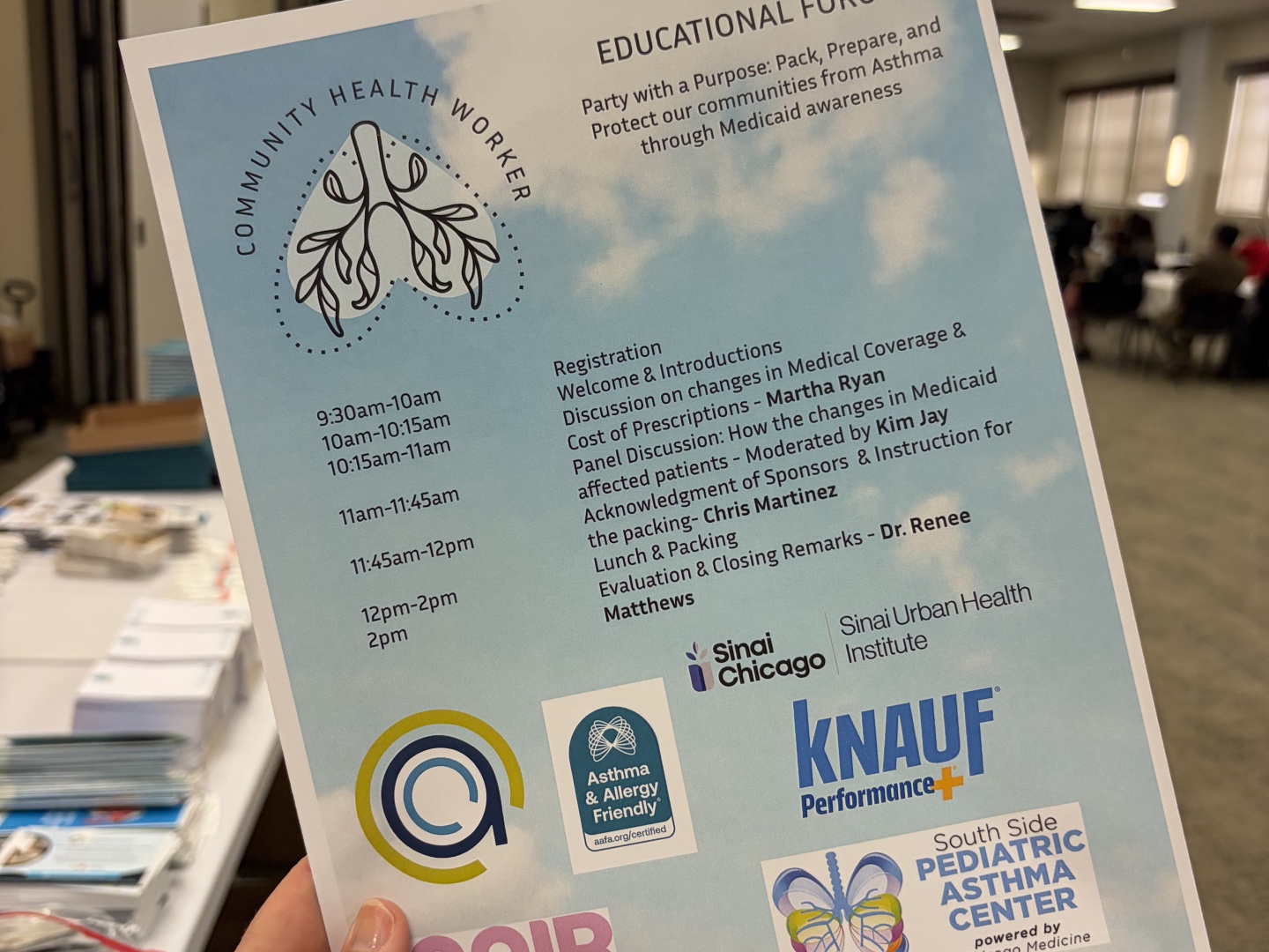 Official programme for the Chicago Asthma Consortium's 2026 Community Health Worker Educational Forum, listing sponsors including the Asthma & Allergy Friendly Certification Program and Knauf North America.