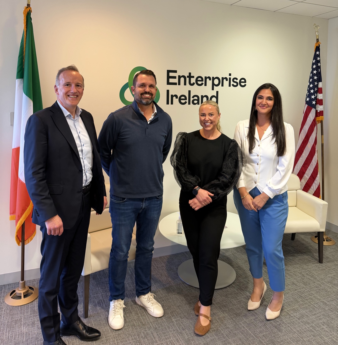 Members of the Asthma & Allergy Friendly® Certification Program and ASL team at the Enterprise Ireland Chicago office during the Asthma & Allergy Awareness Month 2026 Trade Mission, with Irish and US flags visible.
