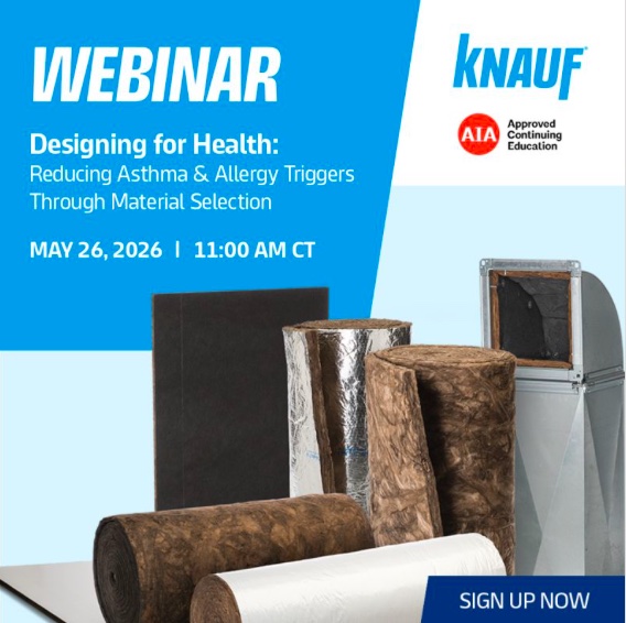 Promotional graphic for the Knauf Insulation AIA Continuing Education webinar 'Designing for Health: Reducing Asthma & Allergy Triggers Through Material Selection', hosted in partnership with the Asthma & Allergy Friendly® Certification Program, May 26, 2026.