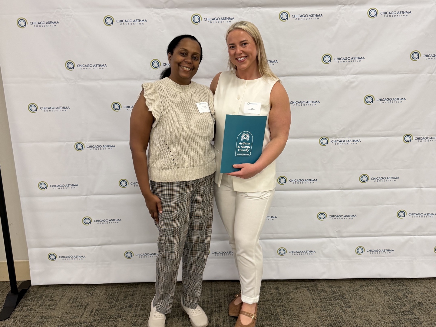 Rachelle Paul-Brutus, Executive Director of the Chicago Asthma Consortium, and Leah McInerney, Client Success Lead of the Asthma & Allergy Friendly Certification Program, at the 2026 Community Health Worker Educational Forum, Chicago.