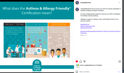 Renegade Brands Instagram Post used during Asthma and Allergy Awareness Month